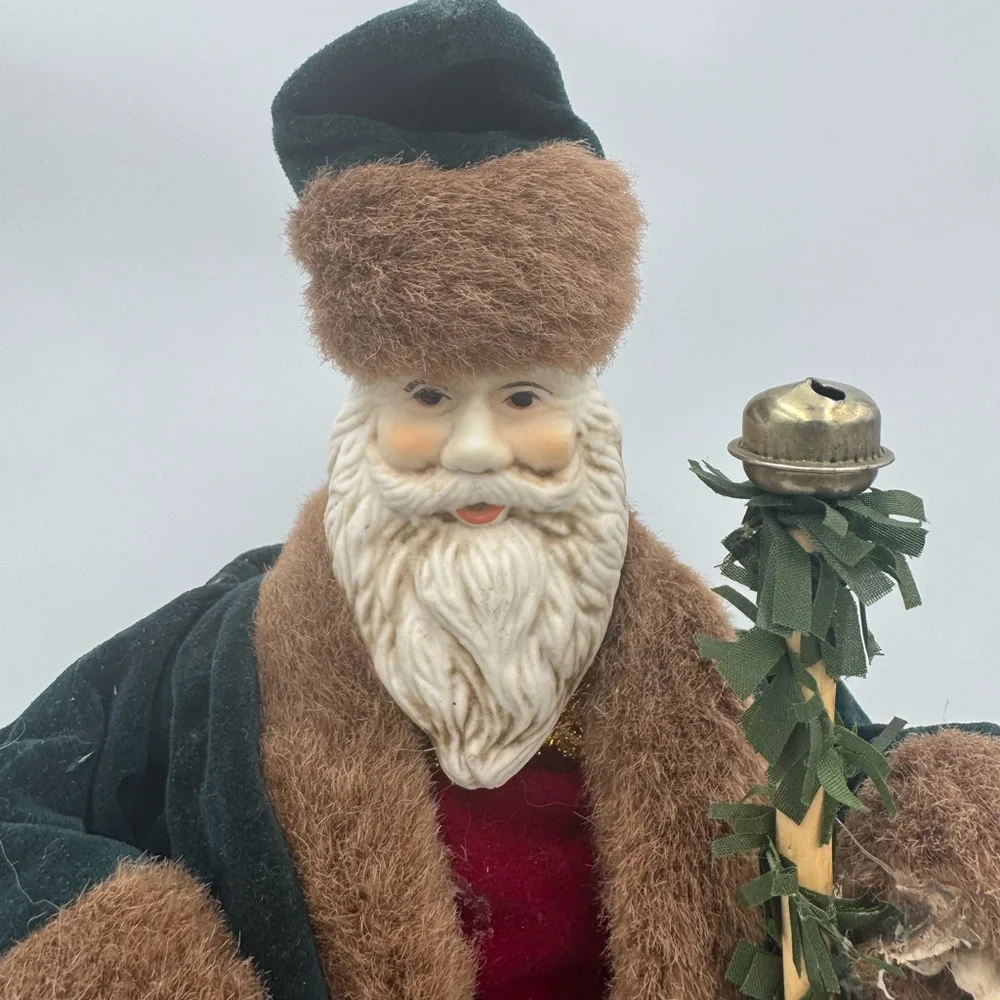 Vintage Victorian Santa Tree Topper Figure Red‎ Green Fur Trim Ceramic Face